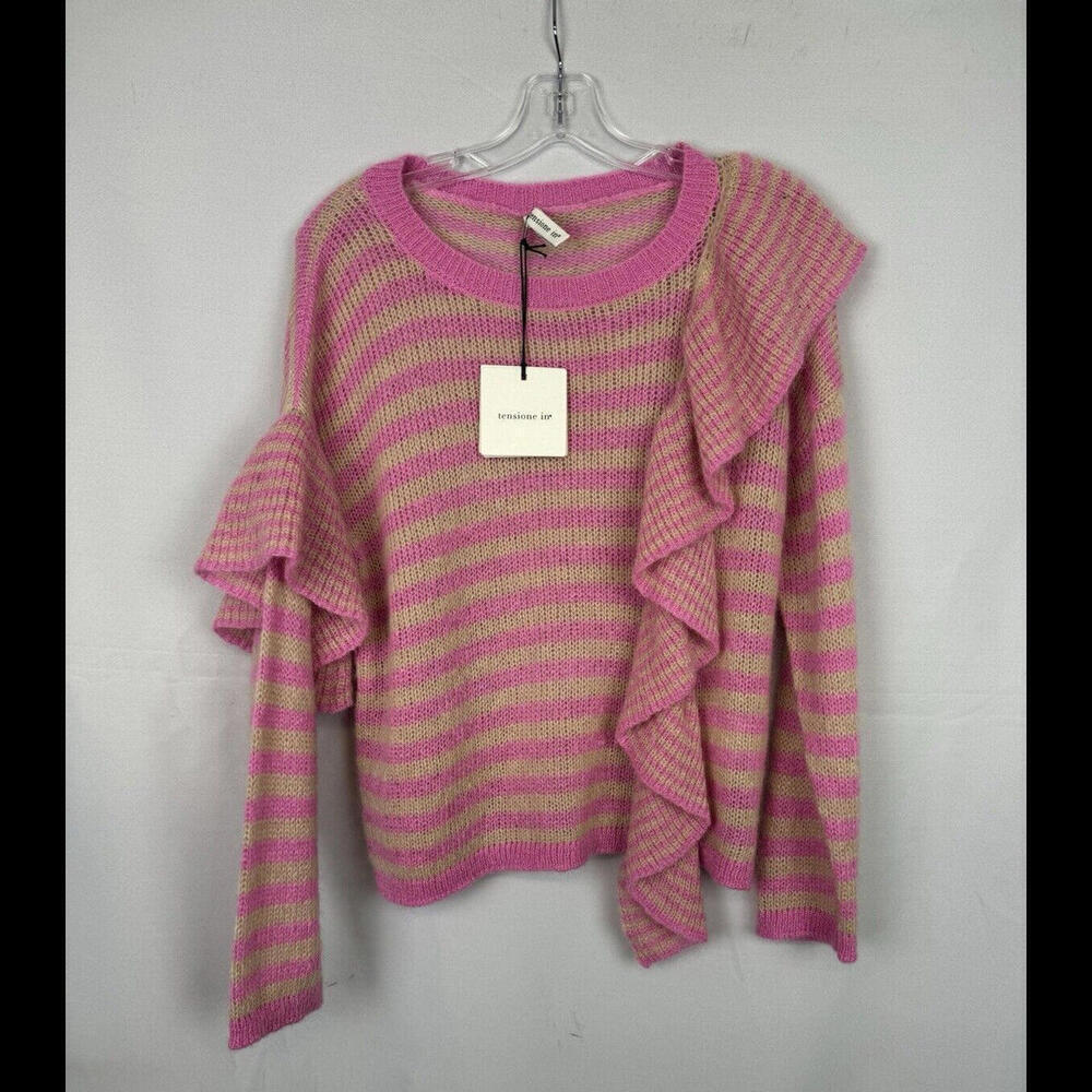 $359 Tensione In Striped Ruffled Sweater Acrylic Mohair Pink Size O/S, L Us